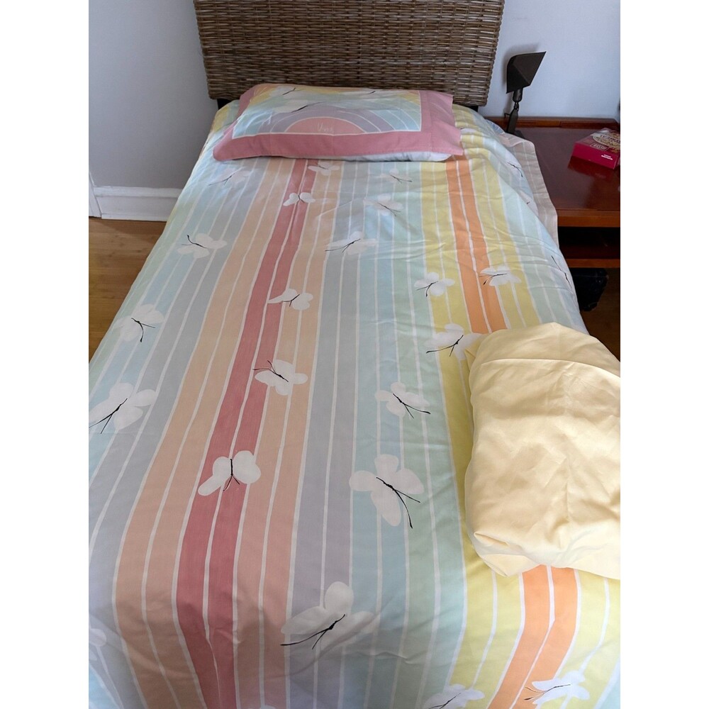 VTG 1970s Burlington Vera Rainbow Butterfly Twin Sheet Set Floral Retro